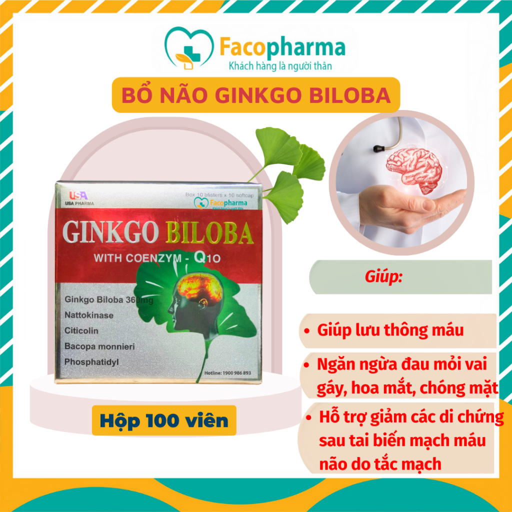Bổ não Ginkgo Biloba with coenzyme q10 hoạt huyết dưỡng não giúp tăng cường trí nhớ, lưu thông máu não 100 viên TPN1.14