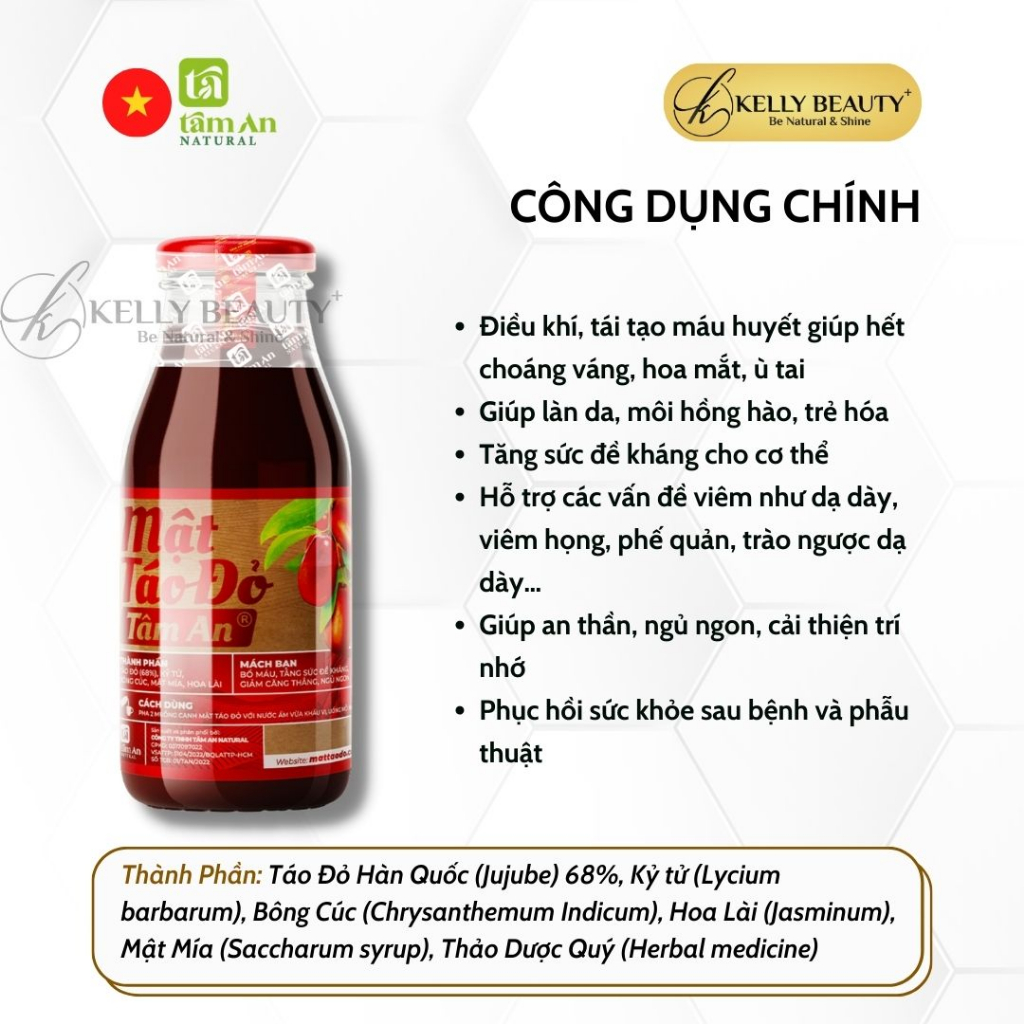 Mật Táo Đỏ Tâm An Thuần Chay - Bồi Bổ Khí Huyết, Da Tươi Trẻ Hồng Hào; Ngủ Ngon - Kelly Beauty