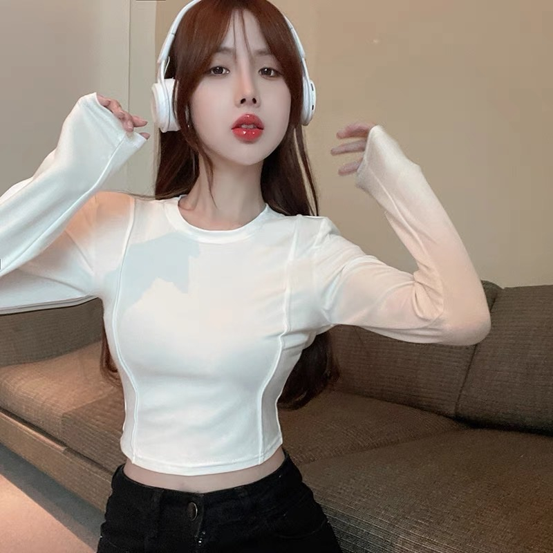 Áo Thun Nữ Dáng Croptop Tay Dài Xỏ Ngón Kiểu Trơn Nhiều Màu