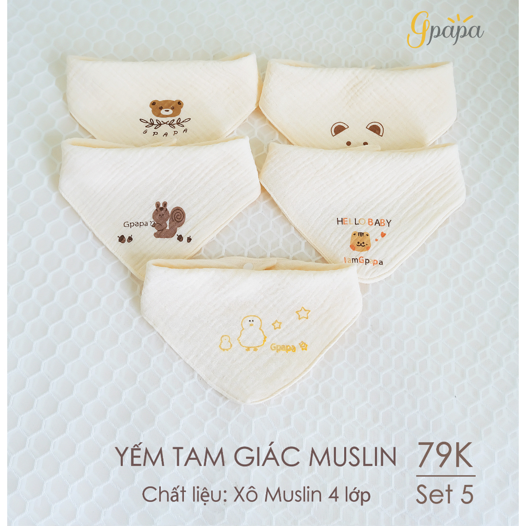 SET 5 Yếm Tam Giác Muslin 4 lớp Cao Cấp Cho Bé Goodmama Chính Hãng