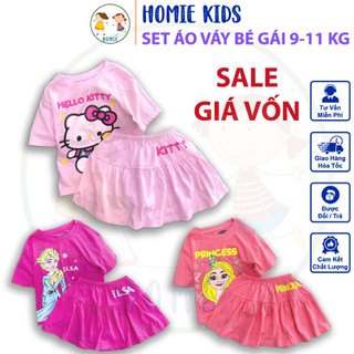 Bộ áo váy bé gái 9-11 kg set chân váy xòe áo thun cotton cộc tay mặc mát cho bé cao khoảng 85cm Homie Kids