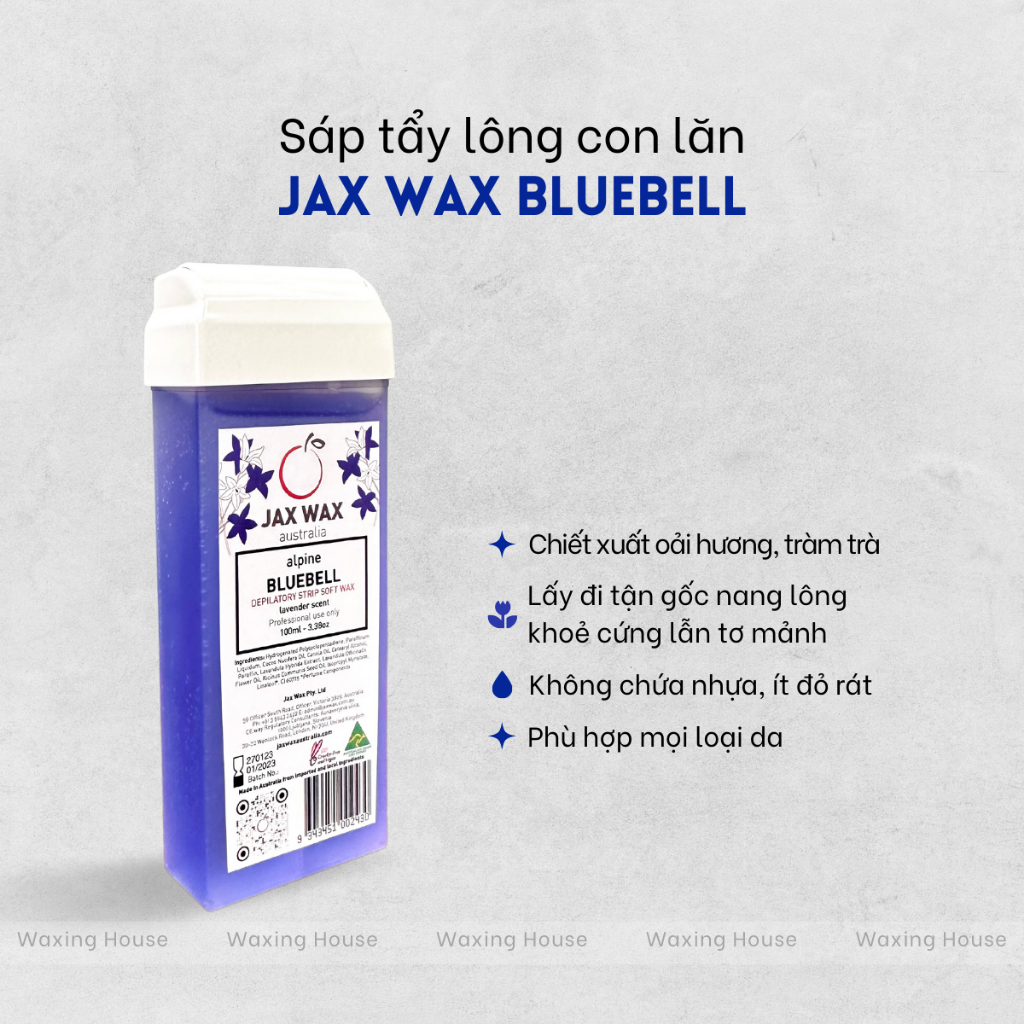 Sáp tẩy lông con lăn Jax Wax Bluebell 100ml (Úc) - wax lông tay, chân tại nhà siêu dễ