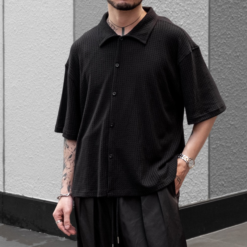 Áo Sơmi Ngắn Tay Đi Biển FVNXY Form Boxy Vải Waffle Màu Đen Mát Mẻ - TOL SHIRT