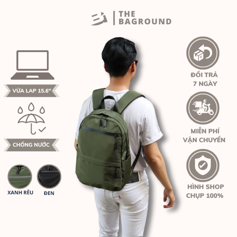 BALO UNISEX ĐEN/ XANH RÊU - VỪA LAP 15.6INCHES - ĐI HỌC ĐI LÀM - VẢI DÙ CHỐNG NƯỚC