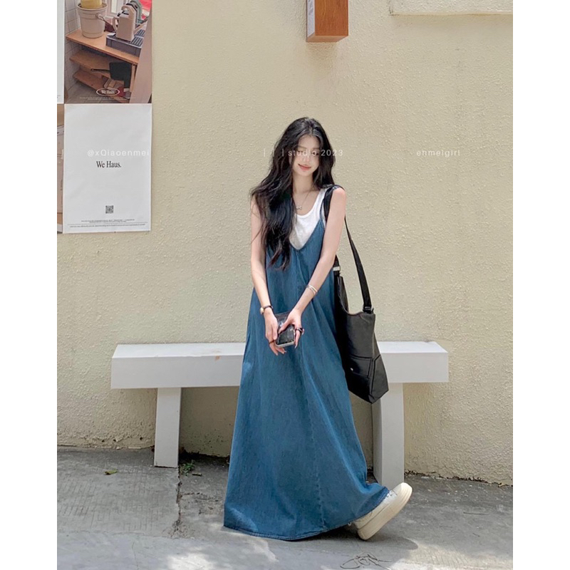 Set áo trắng +váy dây denim