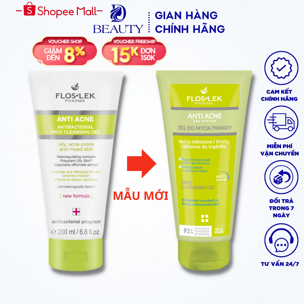 Sữa rửa mặt Floslek Anti Acne Face Cleansing Gel 200ml cho da dầu mụn giúp làm sạch sâu bụi bẩn, bã nhờn