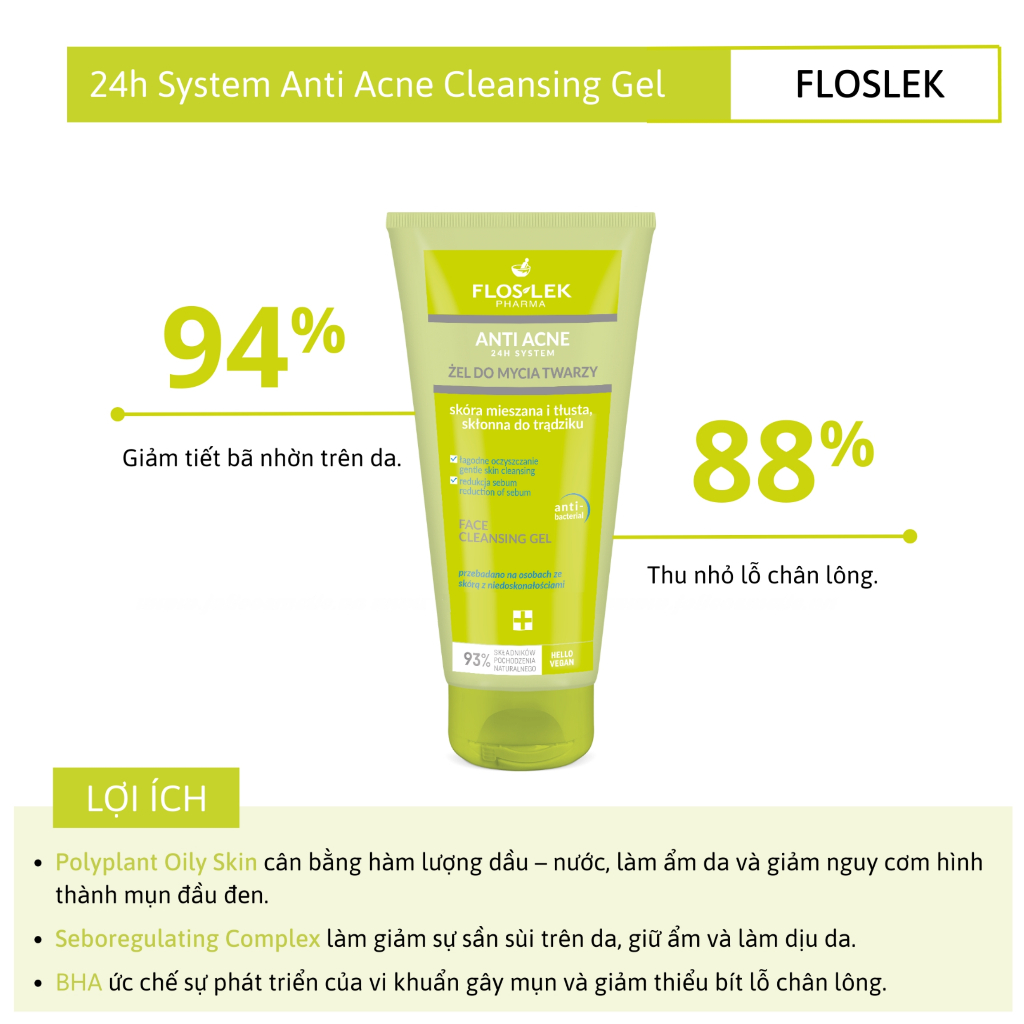 Sữa rửa mặt Floslek Anti Acne Face Cleansing Gel 200ml cho da dầu mụn giúp làm sạch sâu bụi bẩn, bã nhờn