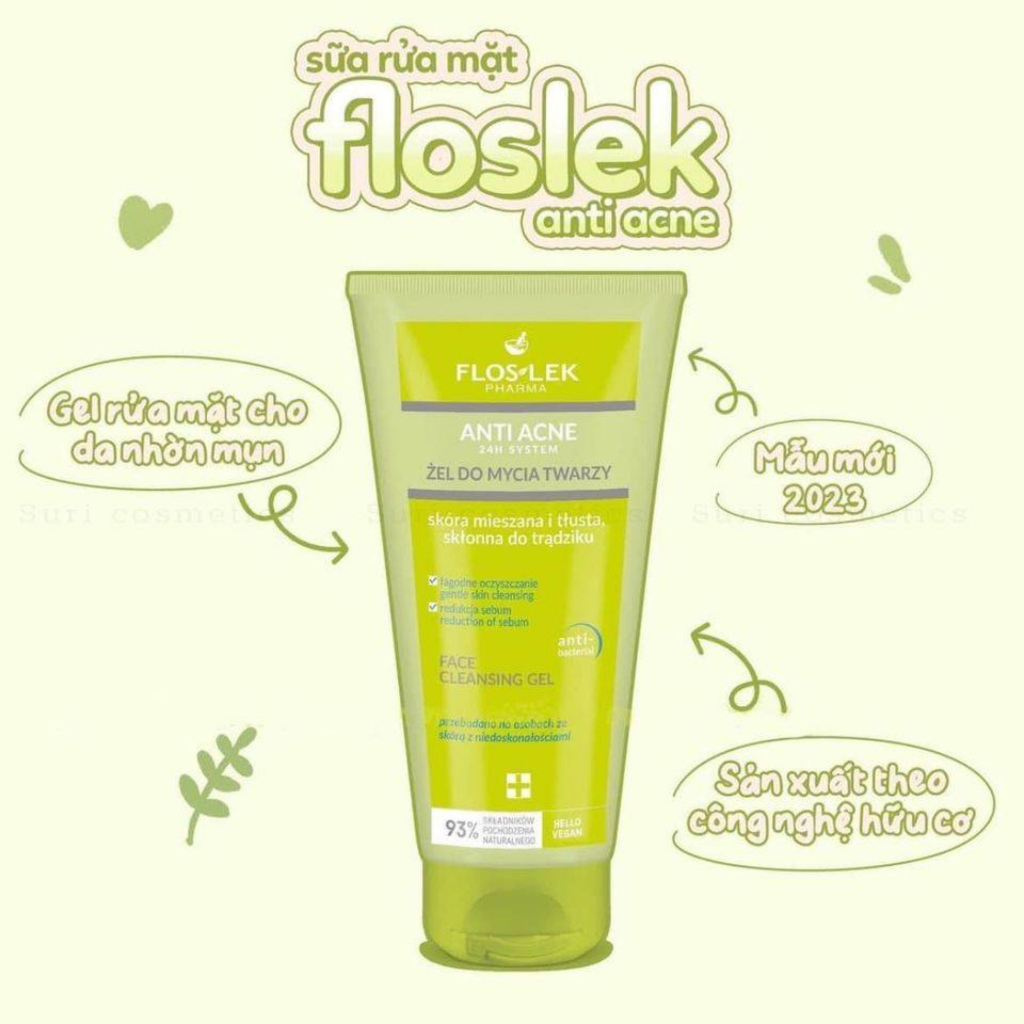 Sữa rửa mặt Floslek Anti Acne Face Cleansing Gel 200ml cho da dầu mụn giúp làm sạch sâu bụi bẩn, bã nhờn