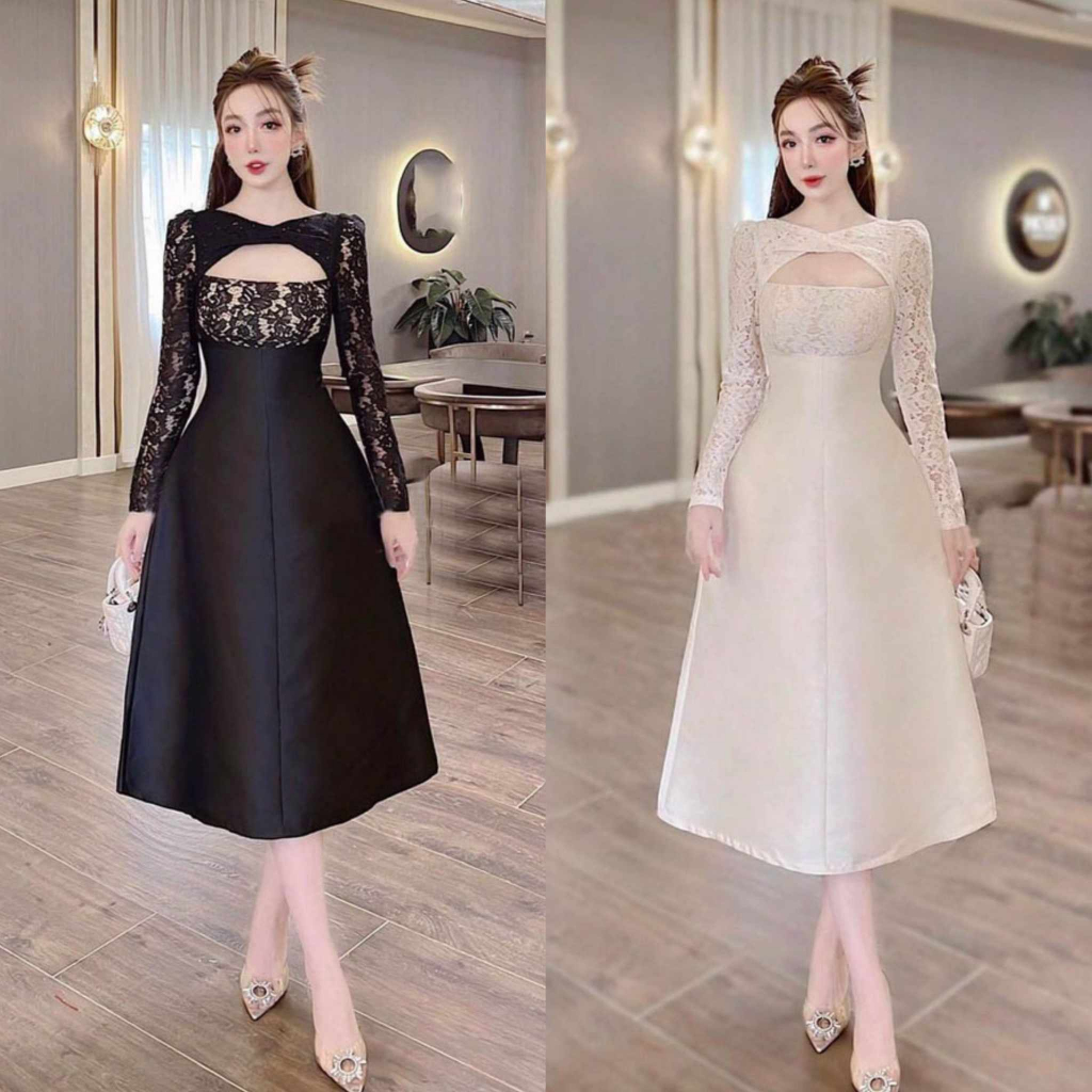 Đầm Nữ cổ ren tay dài sang trọng dự tiệc thích hợp đi tiệc, dạ hội