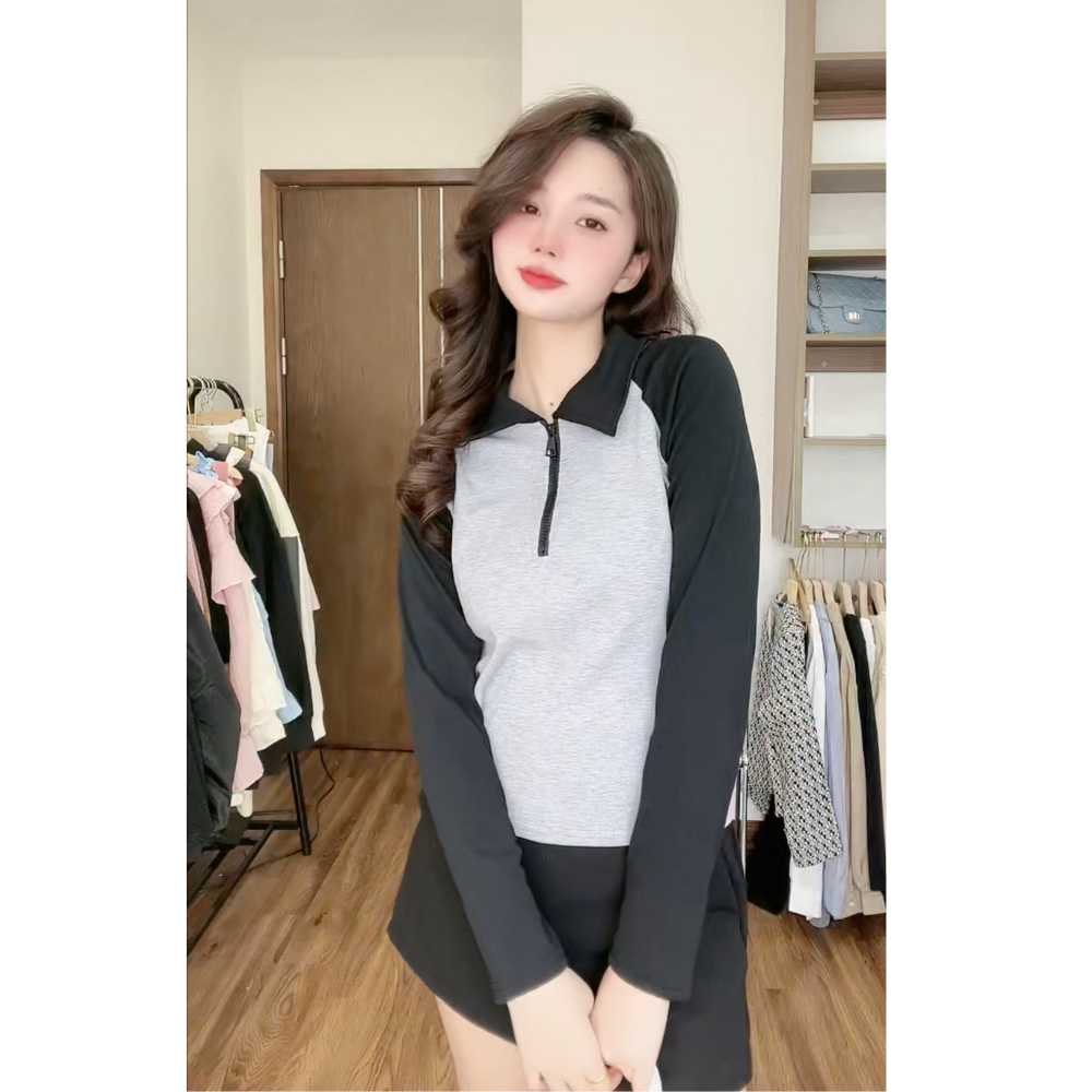 Áo raglan polo cổ zip dài tay peonyb nữ - Thun kiểu dáng babytee ôm body bánh bèo tiểu thư hotgirl phong cách năng động