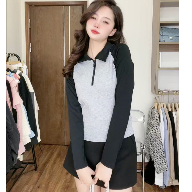 Áo raglan polo cổ zip dài tay peonyb nữ - Thun kiểu dáng babytee ôm body bánh bèo tiểu thư hotgirl phong cách năng động