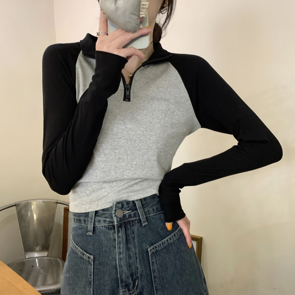 Áo raglan polo cổ zip dài tay peonyb nữ - Thun kiểu dáng babytee ôm body bánh bèo tiểu thư hotgirl phong cách năng động