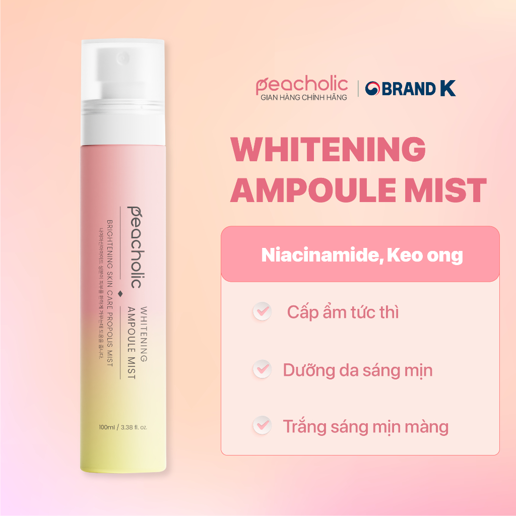 Xịt khoáng trắng da Peacholic Whitening Ampoule Mist 100ml