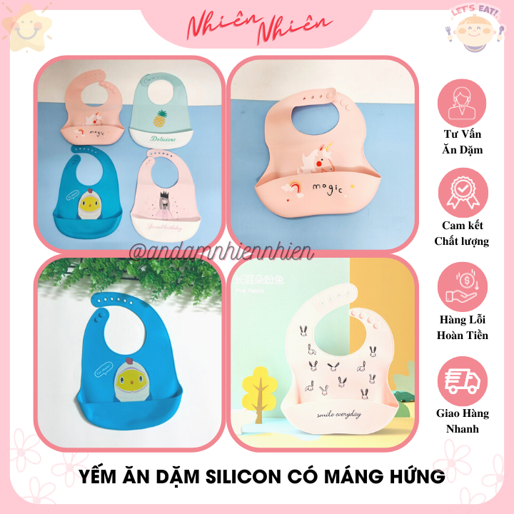 Yếm ăn dặm có máng hứng chất liệu silicon nhiều mẫu dễ thương cho bé trai và bé gái