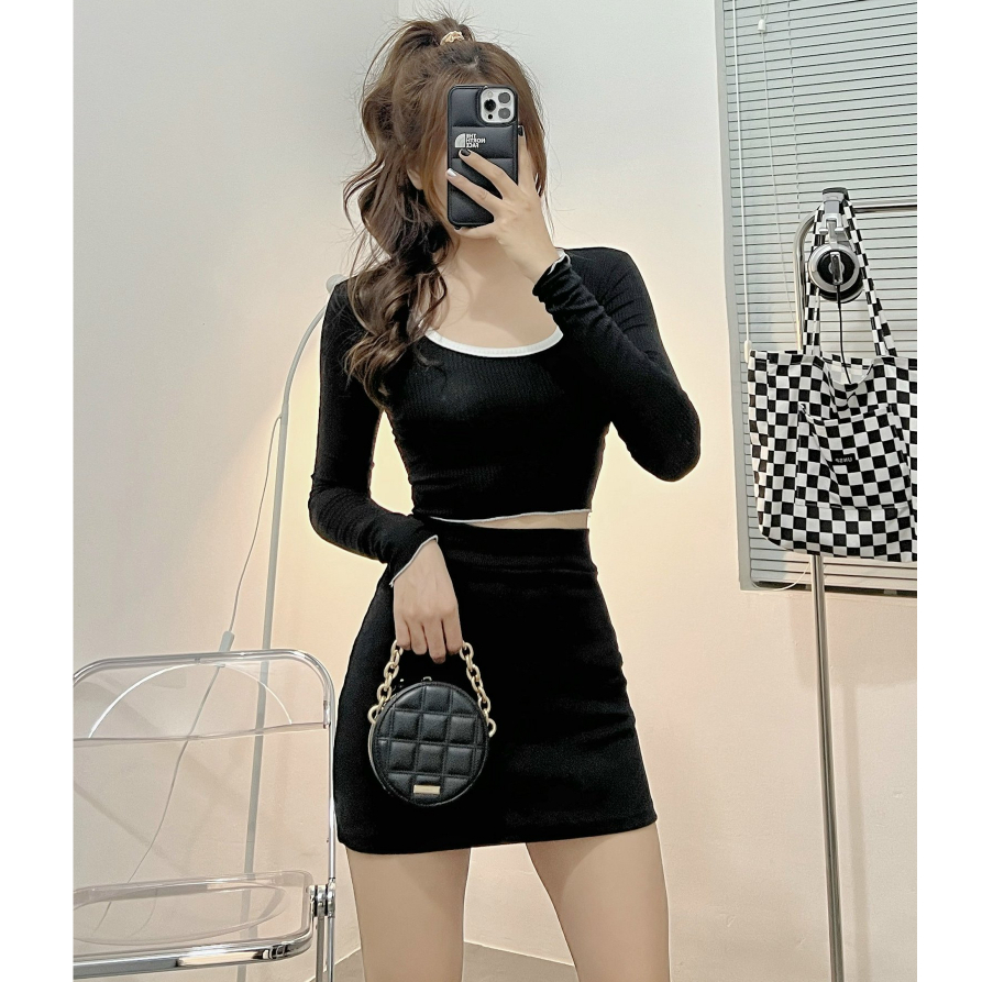 Áo croptop nữ HHVINTAGE kiểu cổ vuông viền cuốn biên Top A22