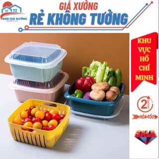[ Giá Xưởng ] Bộ Rổ Nhựa Kèm Chậu Có Nắp Đậy Dùng Làm Hộp Đựng Hoa Quả Đồ  Ăn Thực Phẩm Để Tủ Lạnh Kích Thước 22x22cm