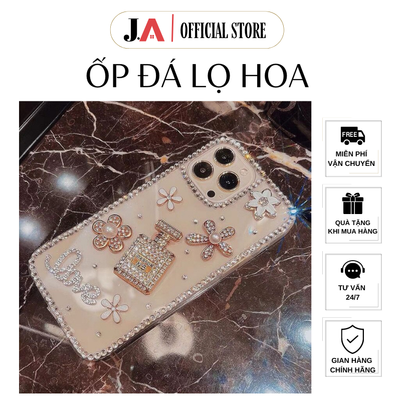 Ốp Lưng HÌNH LỌ HOA Đính Đá 3D Trong Suốt Cho iP 7plus tới 14 promax (J.A Official Store)