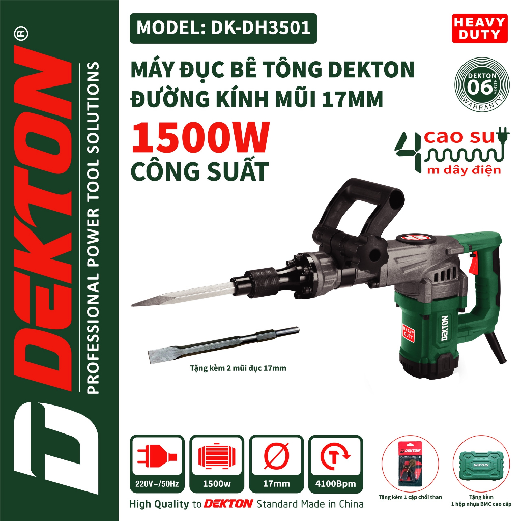 Máy Đục 17mm Dekton 1500W / DK-DH3501 / Dòng Công Nghiệp / LỰC ĐẬP 18J / Xài Mũi 17mm Phổ Thông