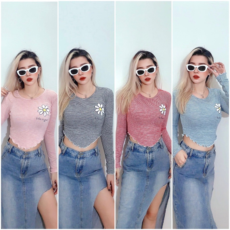 Áo croptop dài tay form ôm cổ tròn xoăn lai bầu thun sọc len 4 chiều in bông hoa