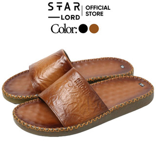 Dép da bò nam quai ngang StarLord D1179 in hình logo da cao cấp có khâu đế
