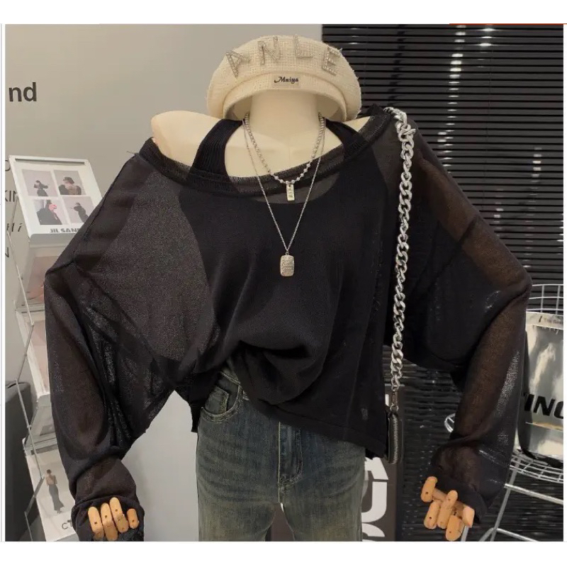 Set áo len dệt kim oversize kèm yếm trơn