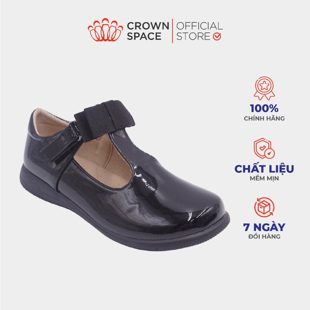 Giày School Shoes Dáng Clarks Bé Gái Crown Space CRUK3076 Giày Bệt Đen Cho Bé Đi Học Chất Liệu Da Bóng Cao Cấp Premium