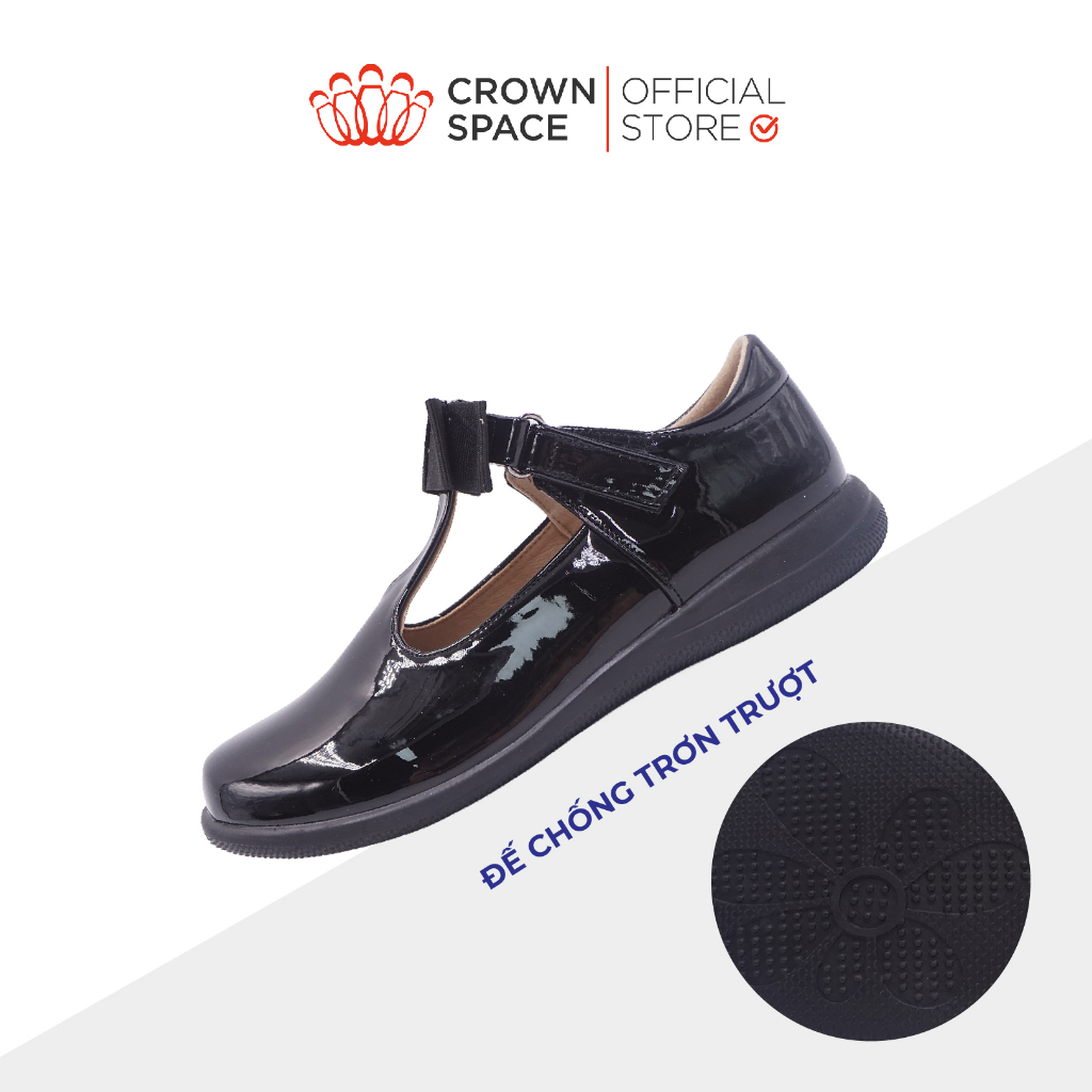 Giày School Shoes Dáng Clarks Bé Gái Crown Space CRUK3076 Giày Bệt Đen Cho Bé Đi Học Chất Liệu Da Bóng Cao Cấp Premium