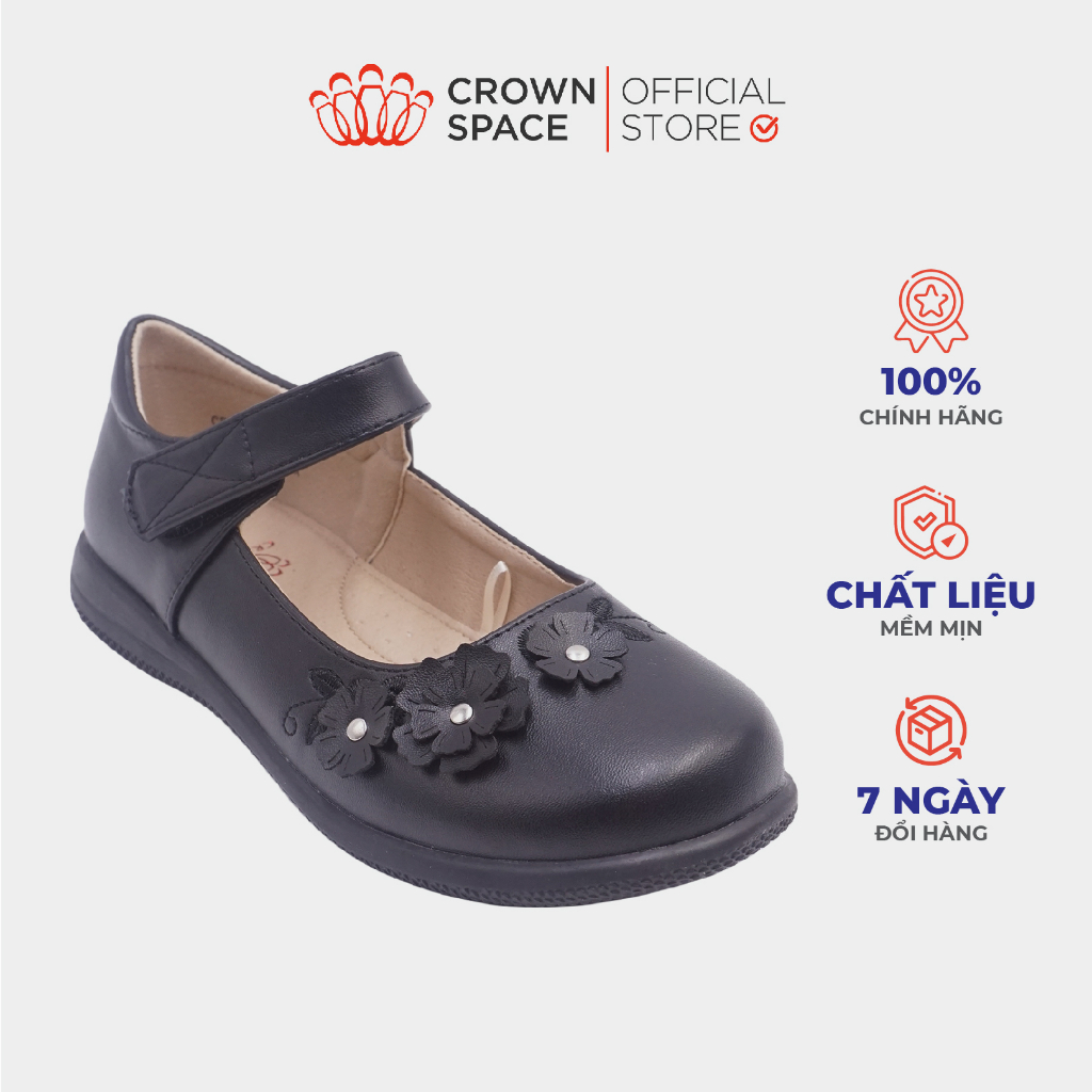 Giày Đi Học Bé Gái Da Lì Cao Cấp CRUK3077 Crown Space Giày Búp Bê Quai Dán Họa Tiết Hoa Nhí Phiên Bản 2023 Size 30-38
