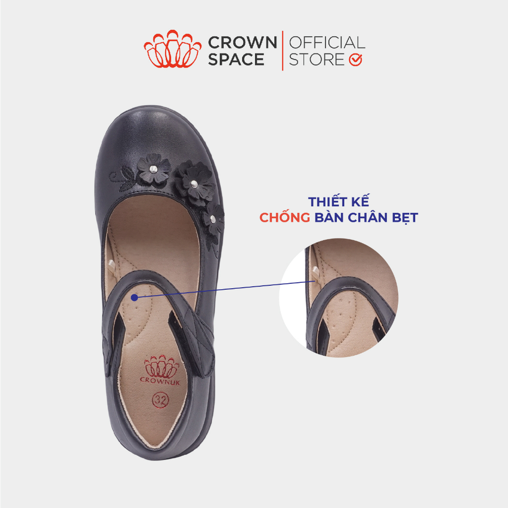 Giày Đi Học Bé Gái Da Lì Cao Cấp CRUK3077 Crown Space Giày Búp Bê Quai Dán Họa Tiết Hoa Nhí Phiên Bản 2023 Size 30-38