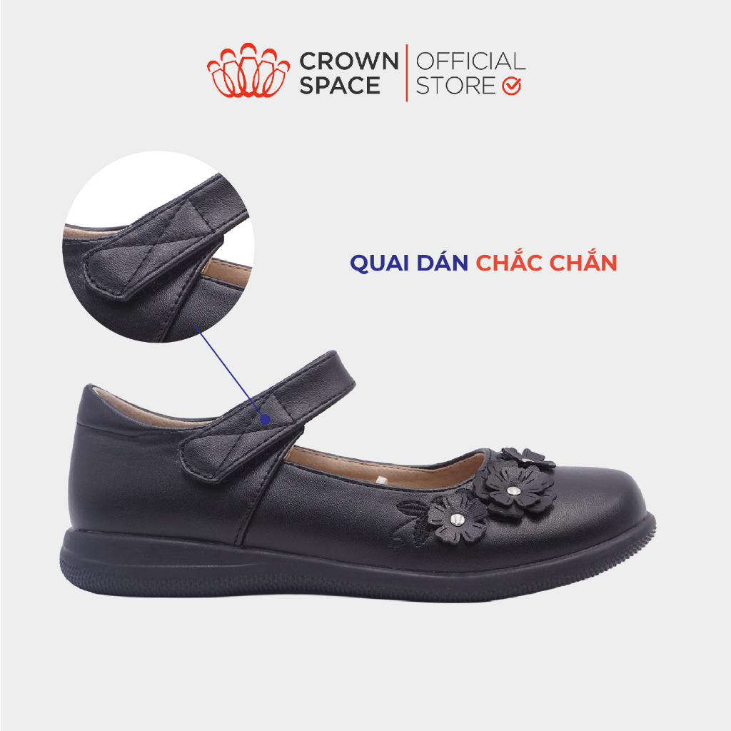 Giày Đi Học Bé Gái Da Lì Cao Cấp CRUK3077 Crown Space Giày Búp Bê Quai Dán Họa Tiết Hoa Nhí Phiên Bản 2023 Size 30-38