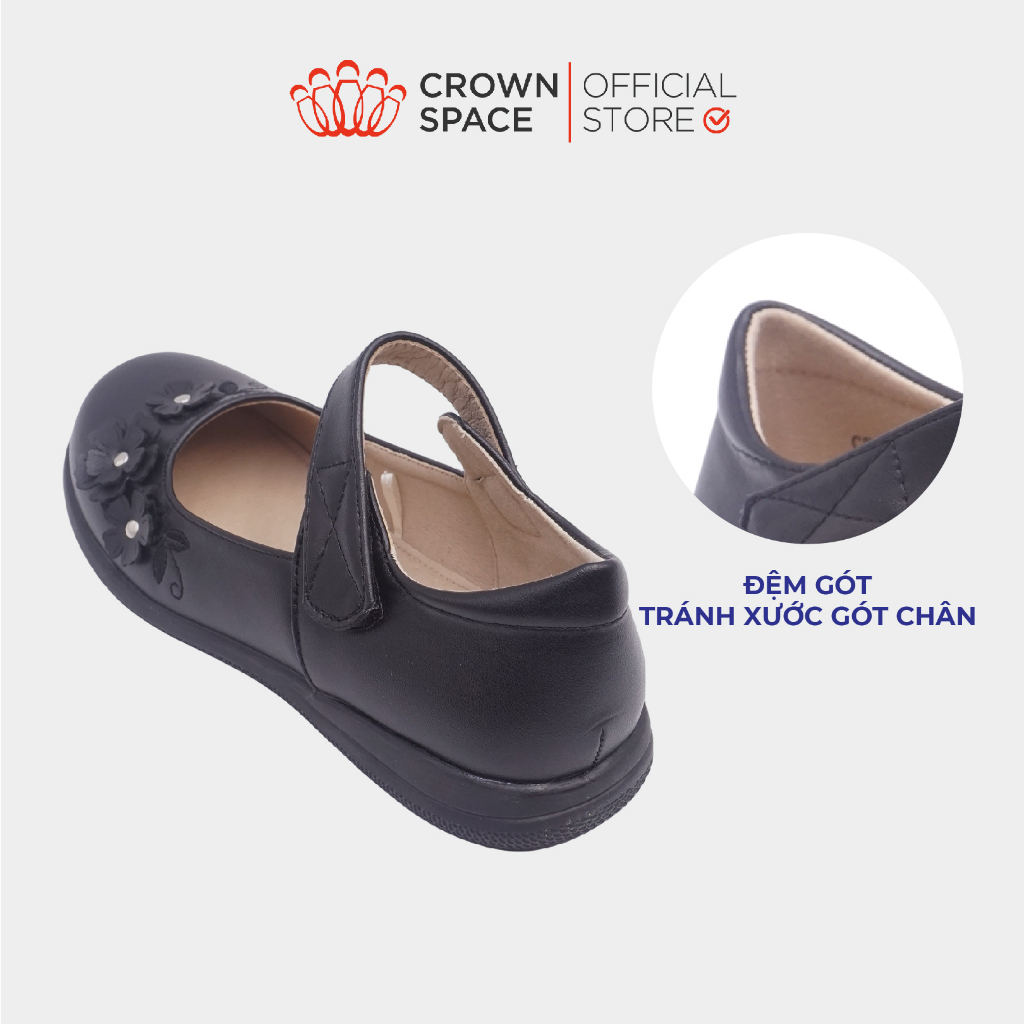Giày Đi Học Bé Gái Da Lì Cao Cấp CRUK3077 Crown Space Giày Búp Bê Quai Dán Họa Tiết Hoa Nhí Phiên Bản 2023 Size 30-38