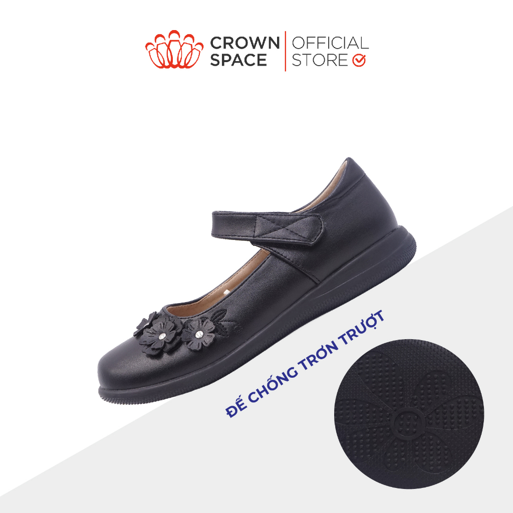Giày Đi Học Bé Gái Da Lì Cao Cấp CRUK3077 Crown Space Giày Búp Bê Quai Dán Họa Tiết Hoa Nhí Phiên Bản 2023 Size 30-38