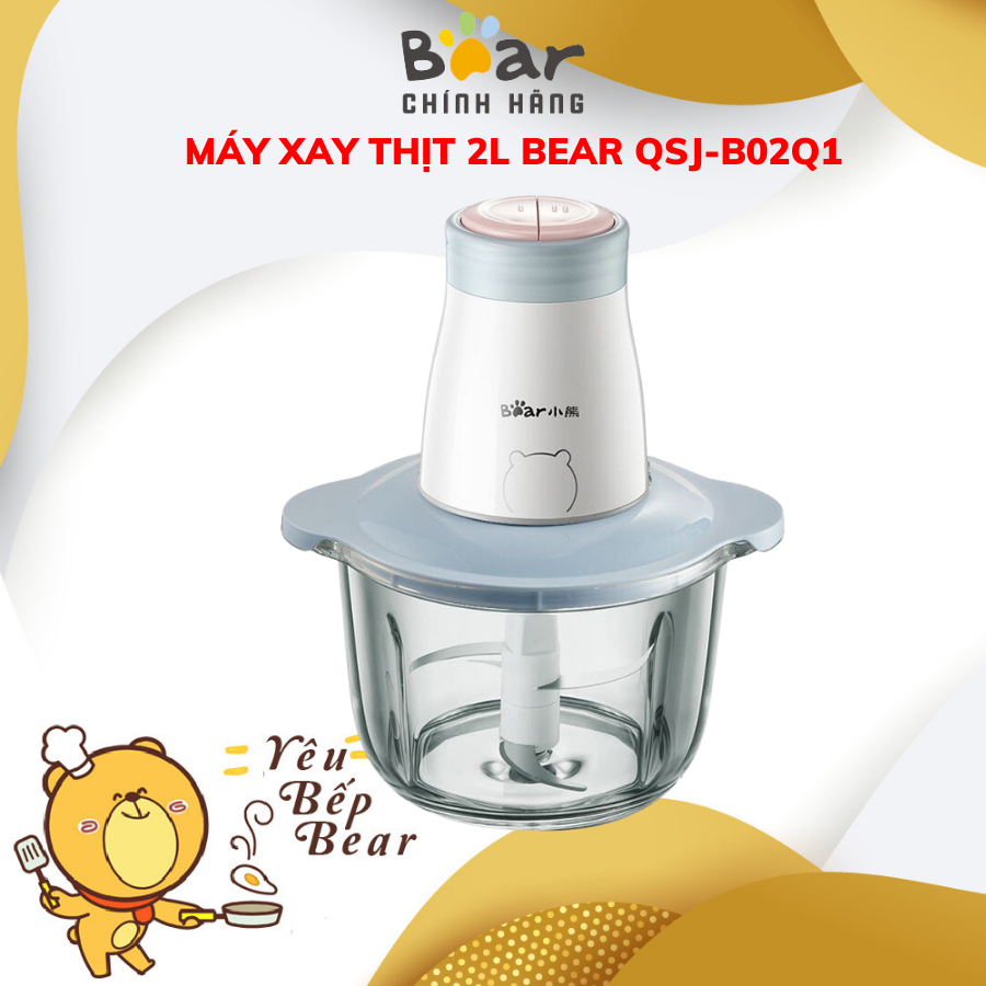 Máy Xay Thịt Tỏi Ớt Mini Đa Năng Bear QSJ-B02Q1 2L, Công suất 300W, 4 lưỡi dao, cối thủy tinh, Chính Hãng, BH 18 tháng