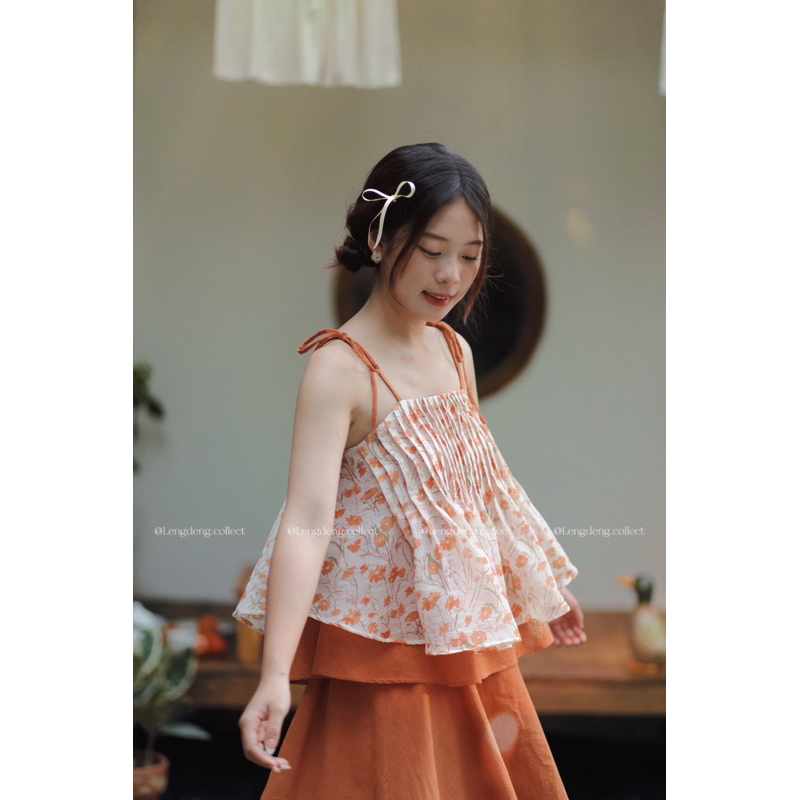Áo Quýt Chín  - Lengdeng.Collect | Áo hai dây xếp ly đũi hoa cam babydoll Tủ đồ của Lèng Dèngh