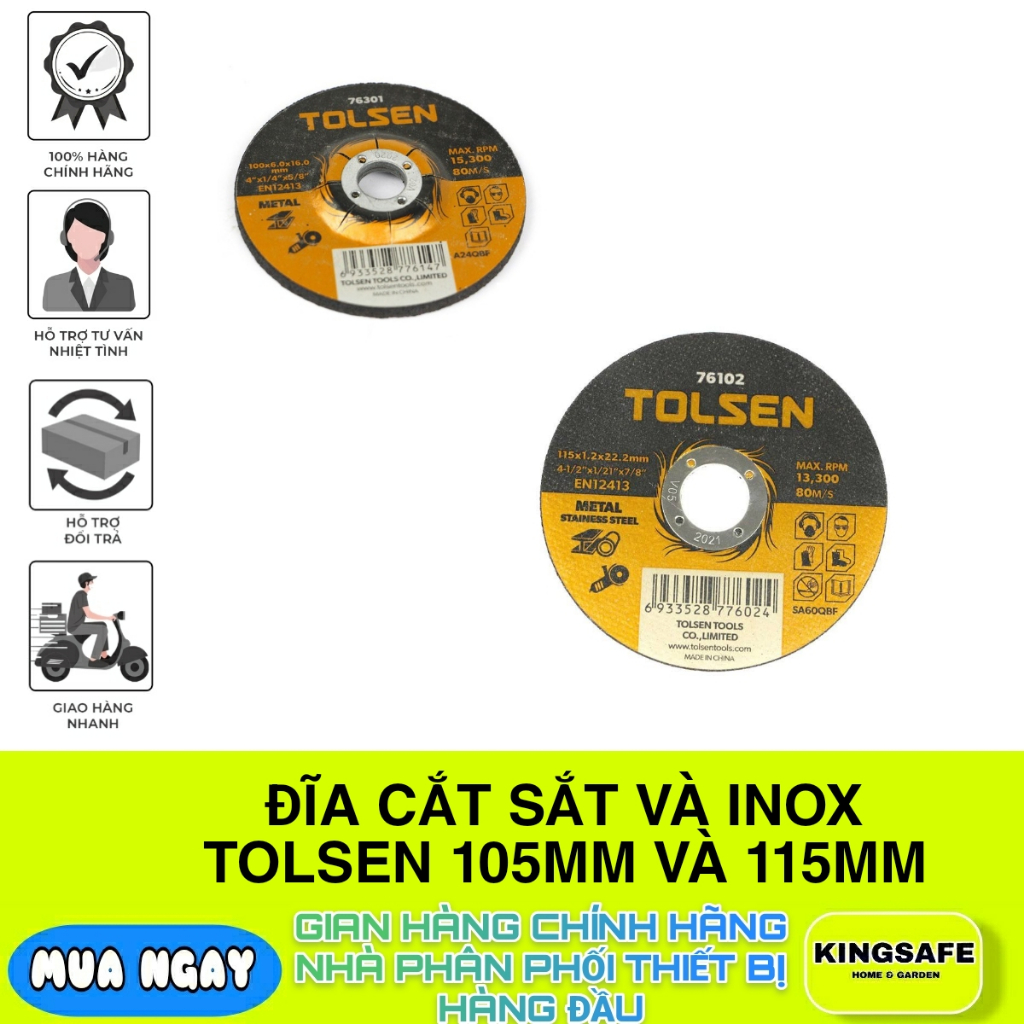 ĐĨA CẮT SẮT VÀ INOX 105MM VÀ 115MM TOLSEN , CHÍNH HÃNG