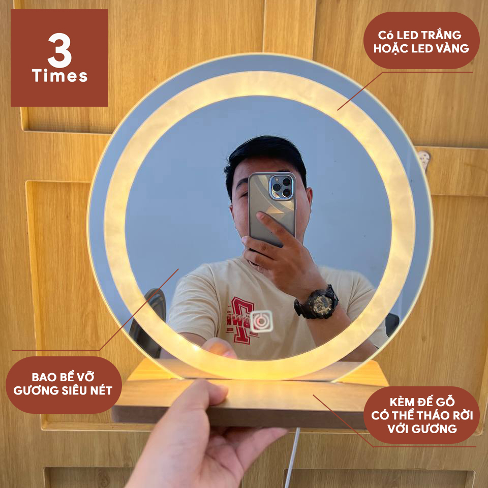 Gương LED để bàn trang điểm, màu led trắng hoặc vàng, giá siêu rẻ, bao bể vỡ, đường kính 25/30/35/40cm, kèm đế gỗ