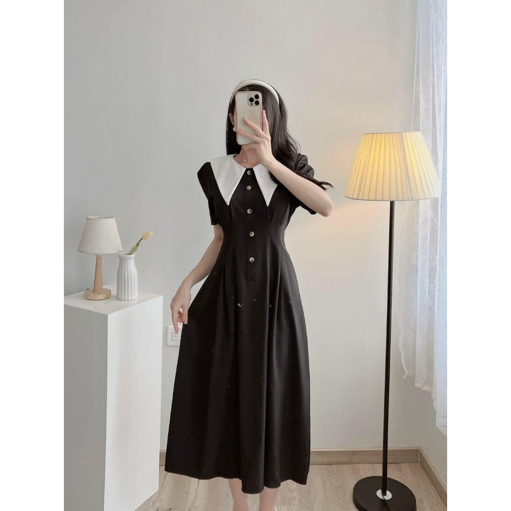 ( Bigsize có sẵn 40-80kg) Đầm che khuyết điểm Váy sau sinh có khoá dọc 2 bên cho bé tu ti kẻ xanh kẻ hồng cổ trắng ly eo