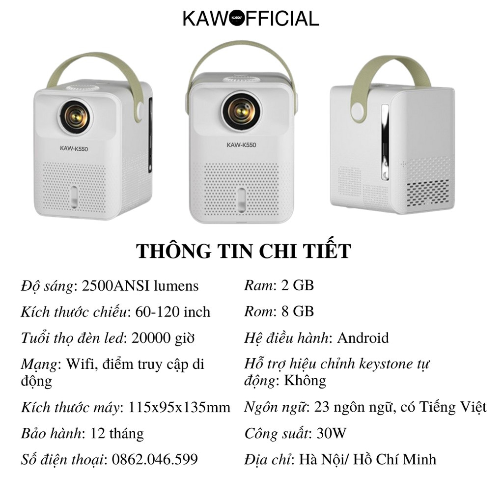 Máy Chiếu Nào Tốt Hiện Nay, Máy Chiếu Mini KAW K550 Chính Hãng, Hệ Điều Hành Android, Bảo Hành 12 Tháng