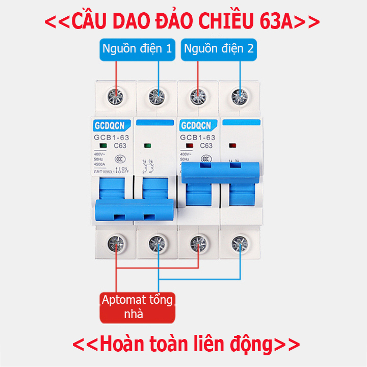 Cầu dao đảo chiều 2P 63A GCDQCN dạng aptomat bảo vệ quá tải, át đảo chiều