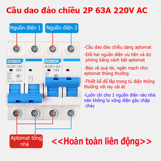 Cầu dao đảo chiều dạng aptomat 2p 63A GCDQCN - bảo vệ ngắn mạch - bảo vệ quá tải - át chuyển nguồn