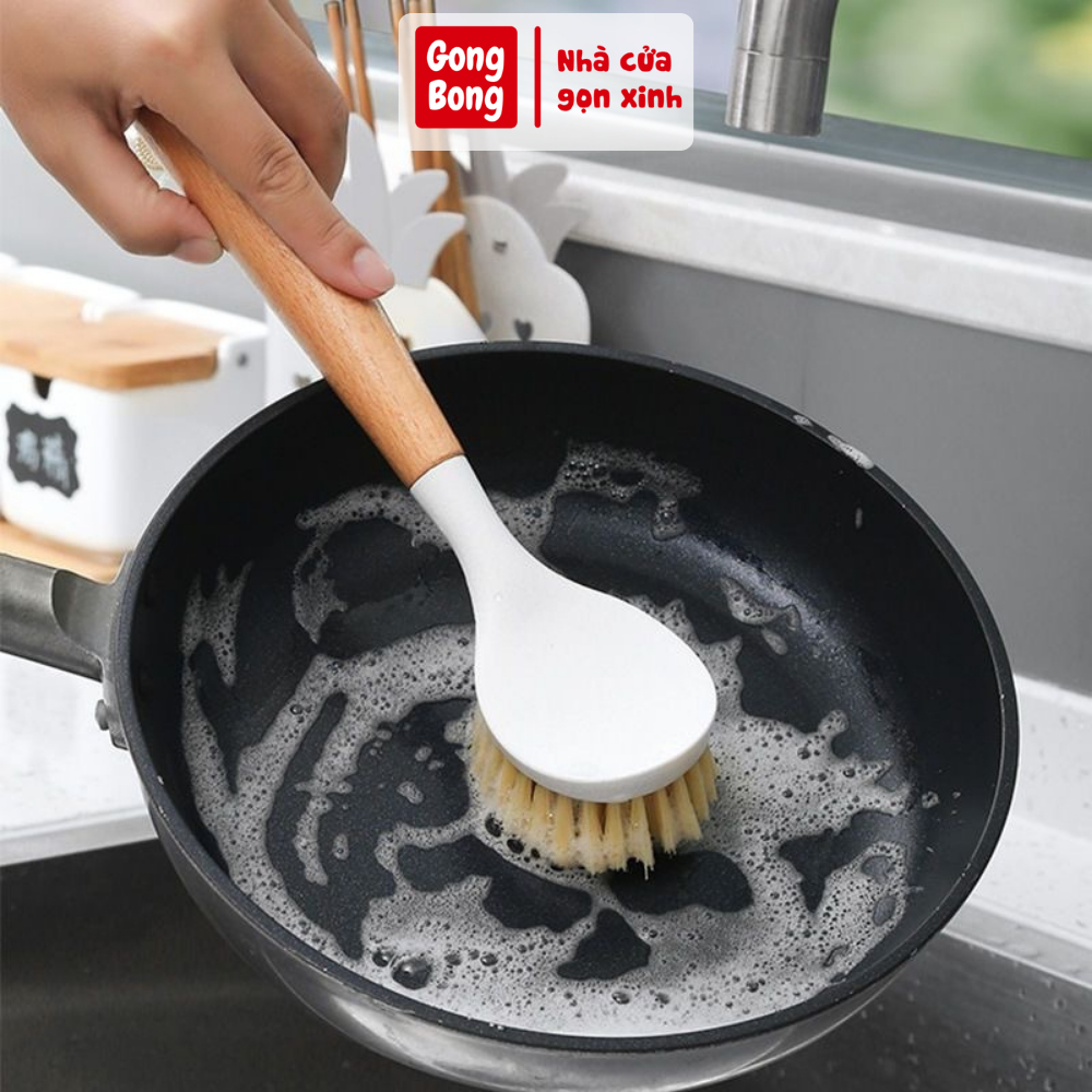 Bàn chải chà xoong nồi niêu chảo đa năng cán gỗ Nhật Bản có móc treo tiện lợi 25cm tay cầm gỗ chống ẩm