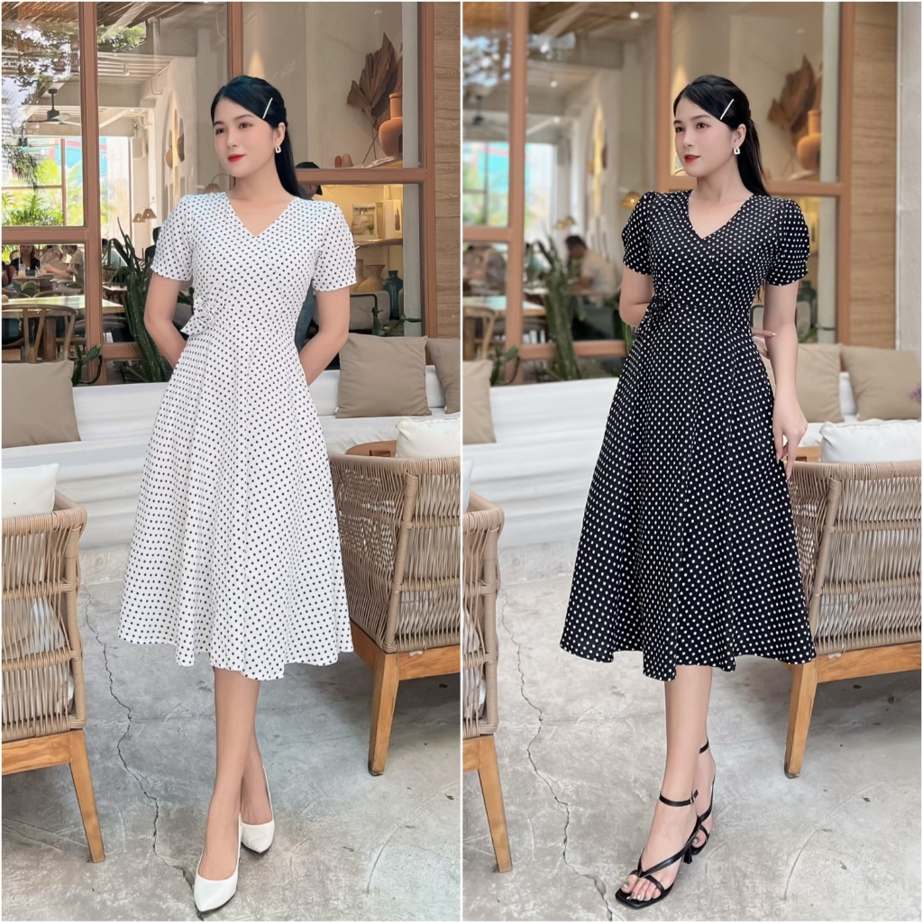 Đầm dáng xòe cổ V chấm bi phối hoa K219