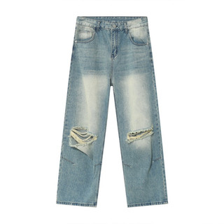 Quần Jeans Ống Siêu To Nam Nữ Unisex Màu Xanh Wash Phối Rách