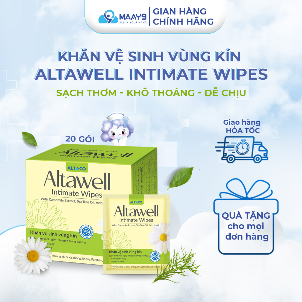 Khăn vệ sinh vùng kín Altawell intimate wipes làm sạch vùng kín, ngăn mùi hôi, giảm viêm nhiêm, ngứa rát, cân bằng pH