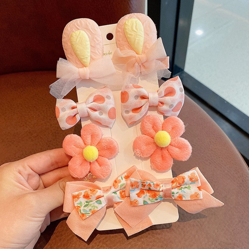 Set 8 kẹp tóc mái nơ tai thỏ hoa cho bé