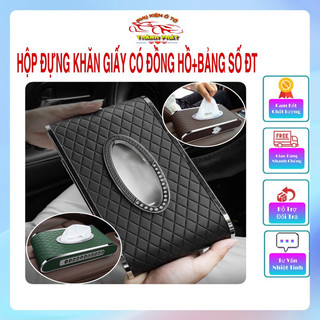 Hộp đựng khăn giấy ô tô xe hơi đa năng chất liệu da và nhựa ABS cao cấp có đồng hồ và bảng số điện thoại