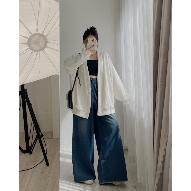 Áo khoác cardigan nữ dáng rộng siêu xinh, áo cardigan nữ Unisex có túi, Áo cardigan nỉ tăm oversize dầy dặn
