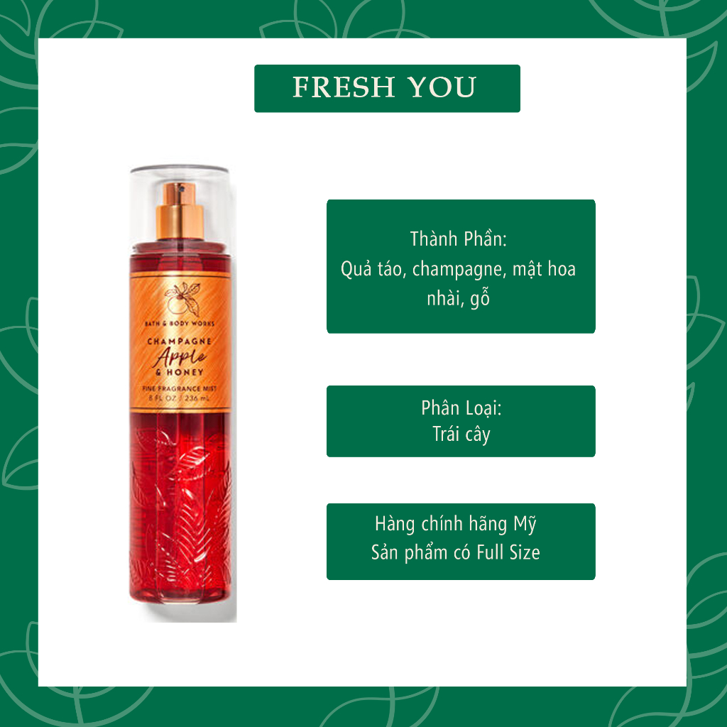 Champagne Apple & Honey - Xịt thơm toàn thân body mist Bath & Body Works khác - fresh you