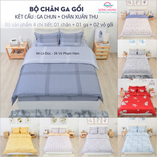 Bộ chăn ga gối 2*2.2m + chăn xuân thu - chất cotton - sông hồng chính hãng