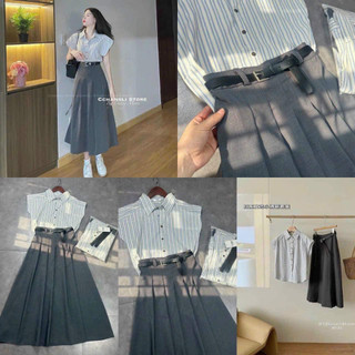Set Váy midi kèm áo kẻ nhí mix belt thắt eo size S M L